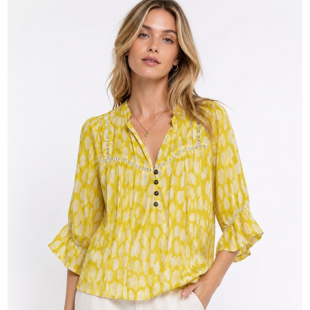 Dolan Yellow White Abstract Print Boho Blouse Crochet Trim 3/4 Sleeve Medium
